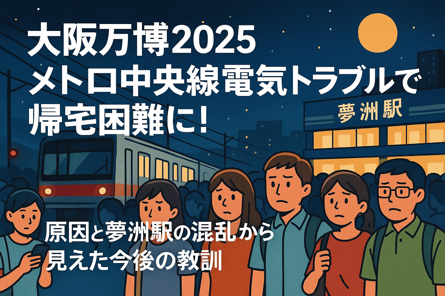 電車に乗れなくて帰宅困難で困っているたくさんの人の絵
